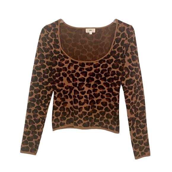 LPA Revolve Mia Top Leopard Print Fitted Square Neck Black Brown Size Small - Picture 2 of 9